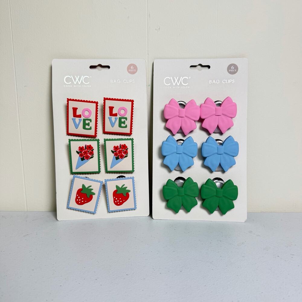 CWC Cook With Color 12 Piece Bag Clips Set Love Flowers Strawberry Bows